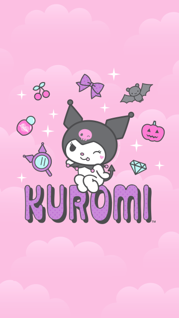 Kuromi, Cartoon, Hello Kitty, Pink background, Black jester hat, Pink skull, White rabbit, 5K, Girly backgrounds