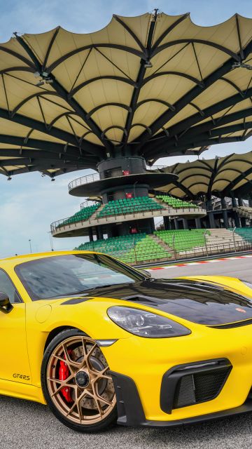 Porsche 718 Cayman GT4 RS, Sports cars, Yellow cars, Yellow Porsche, 5K, 8K