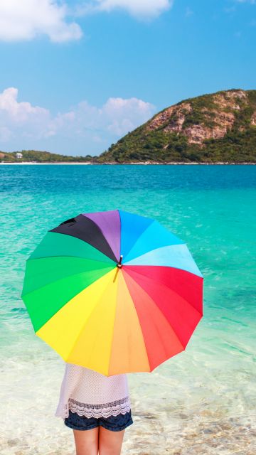 Beach, Girl, Umbrella, Sea, Fashion, Sunny day, 5K, Summer