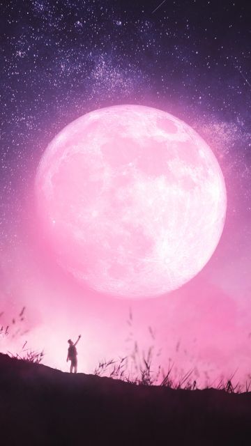 Moon, Dream, Surreal, Stars in sky, Pink background