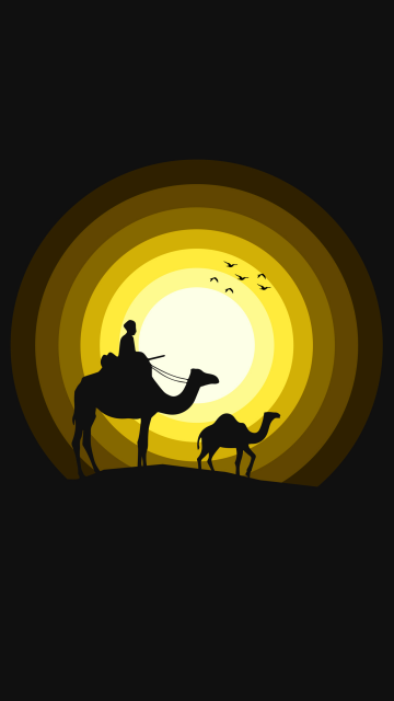 Camels, Sun, Silhouette, Yellow, Black background, Simple