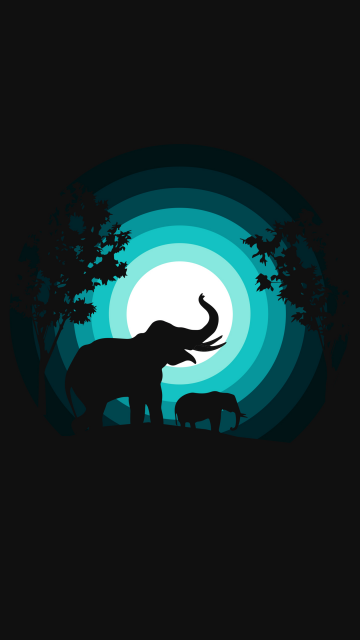 Elephant, Elephant cub, Silhouette, Night, Teal, Black background, Simple