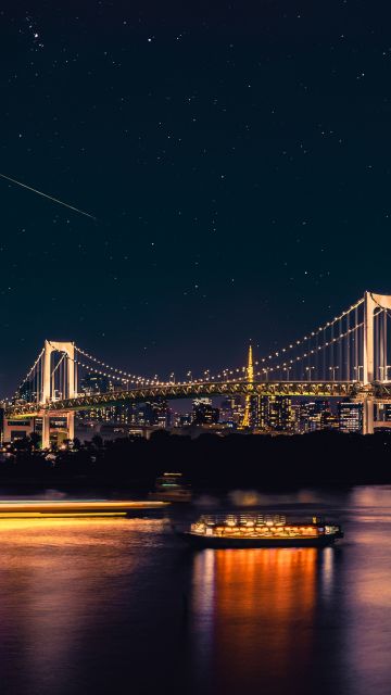 Rainbow Bridge, 5K, Tokyo, Cityscape, Night City, Reflections, Japan