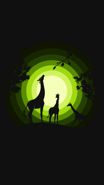 Giraffe, Giraffe cubs, Silhouette, Forest, Moon, Green, Black background, Simple