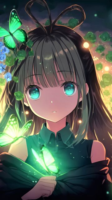 Anime girl, Green eyes, Girly backgrounds, Surreal, Fairy, Butterflies, 5K, Beautiful