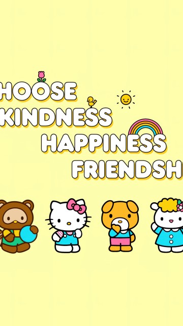 Choose Kindness, Choose Happiness, Choose Friendship, Cute hello kitties, Hello kitty quotes, Yellow background, Sanrio